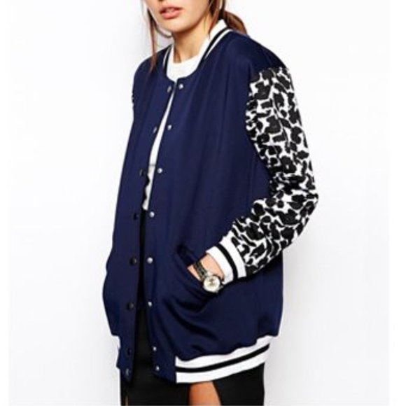 Finders Keepers Blue & Leopard Bomber Jacker - S - Picture 1 of 5
